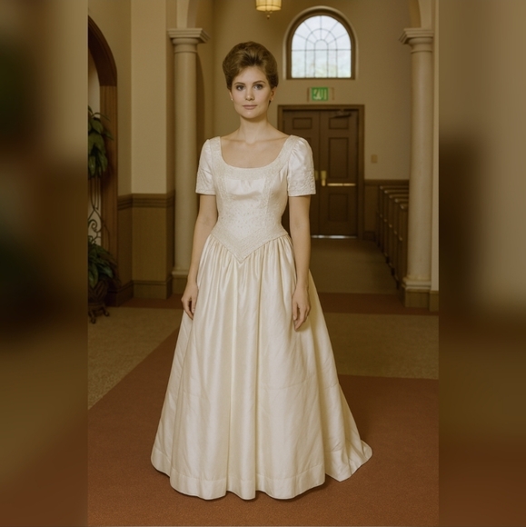 1980's Pale Ivory Short Sleeve Beaded and Embroided Short Train Weddng Dress - Picture 1 of 12